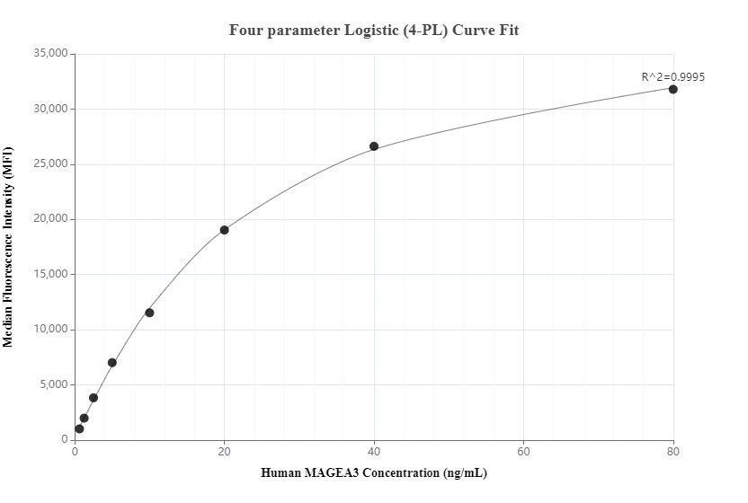 Cytometric bead array standard curve of MP00467-2, MAGEA3 Recombinant Matched Antibody Pair, PBS Only. Capture antibody: 83480-3-PBS. Detection antibody: 83480-4-PBS. Standard: Ag0265. Range: 0.625-80 ng/mL.  